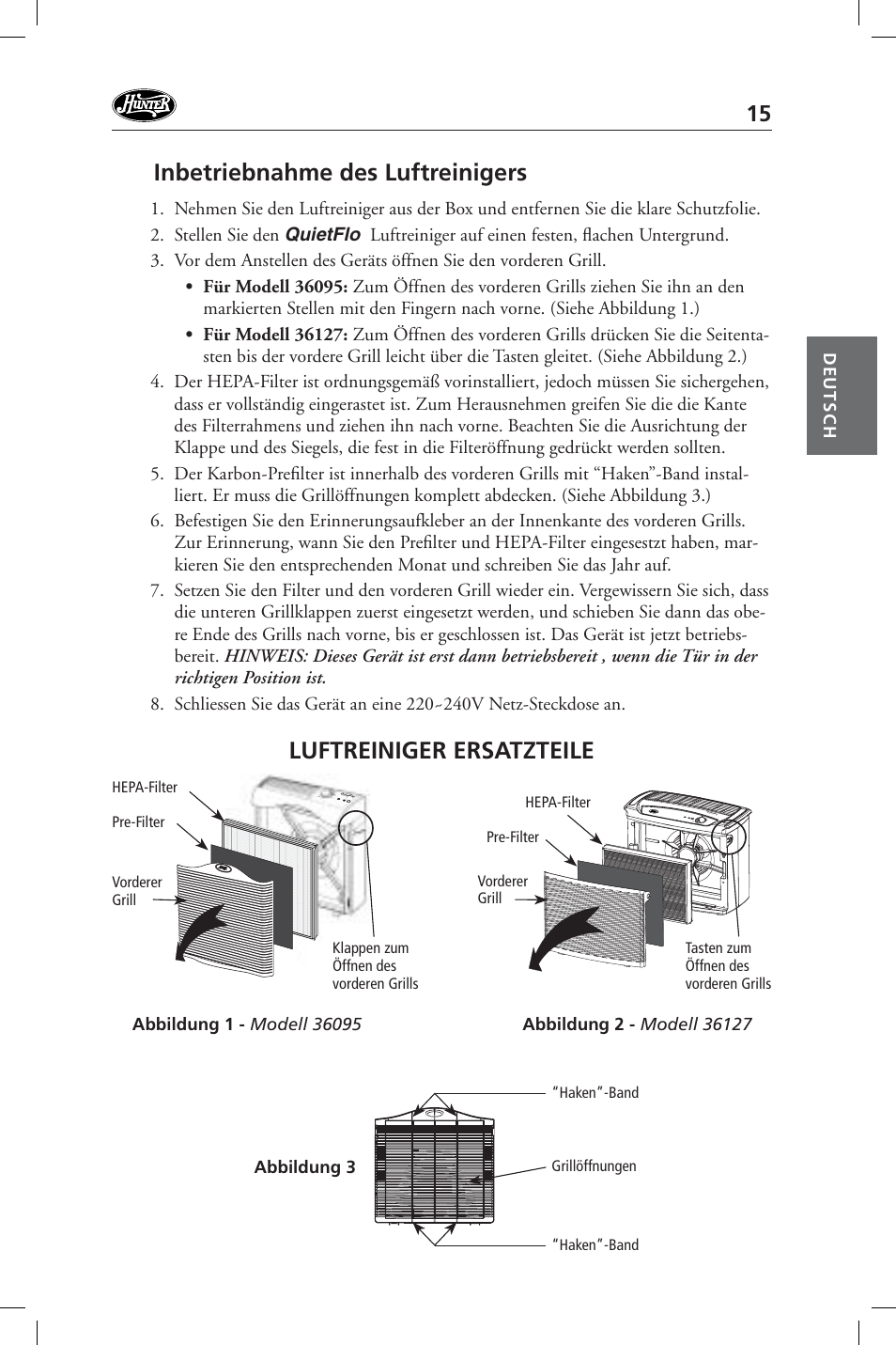 Inbetriebnahme des luftreinigers, Luftreiniger ersatzteile | Hunter Fan 36127 User Manual | Page 15 / 54