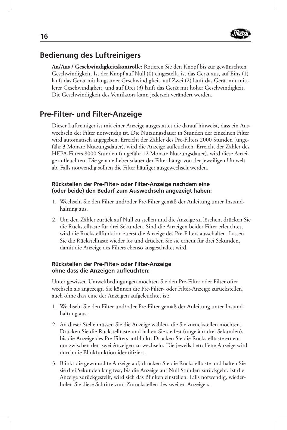 Bedienung des luftreinigers, Pre-filter- und filter-anzeige | Hunter Fan 36127 User Manual | Page 16 / 54