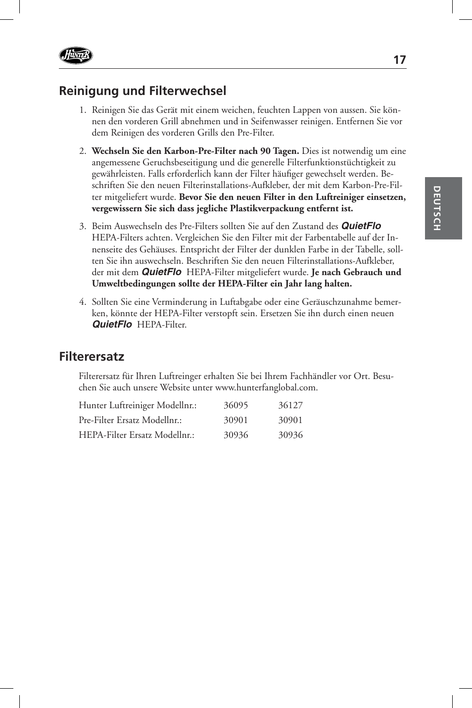 Reinigung und filterwechsel, Filterersatz | Hunter Fan 36127 User Manual | Page 17 / 54