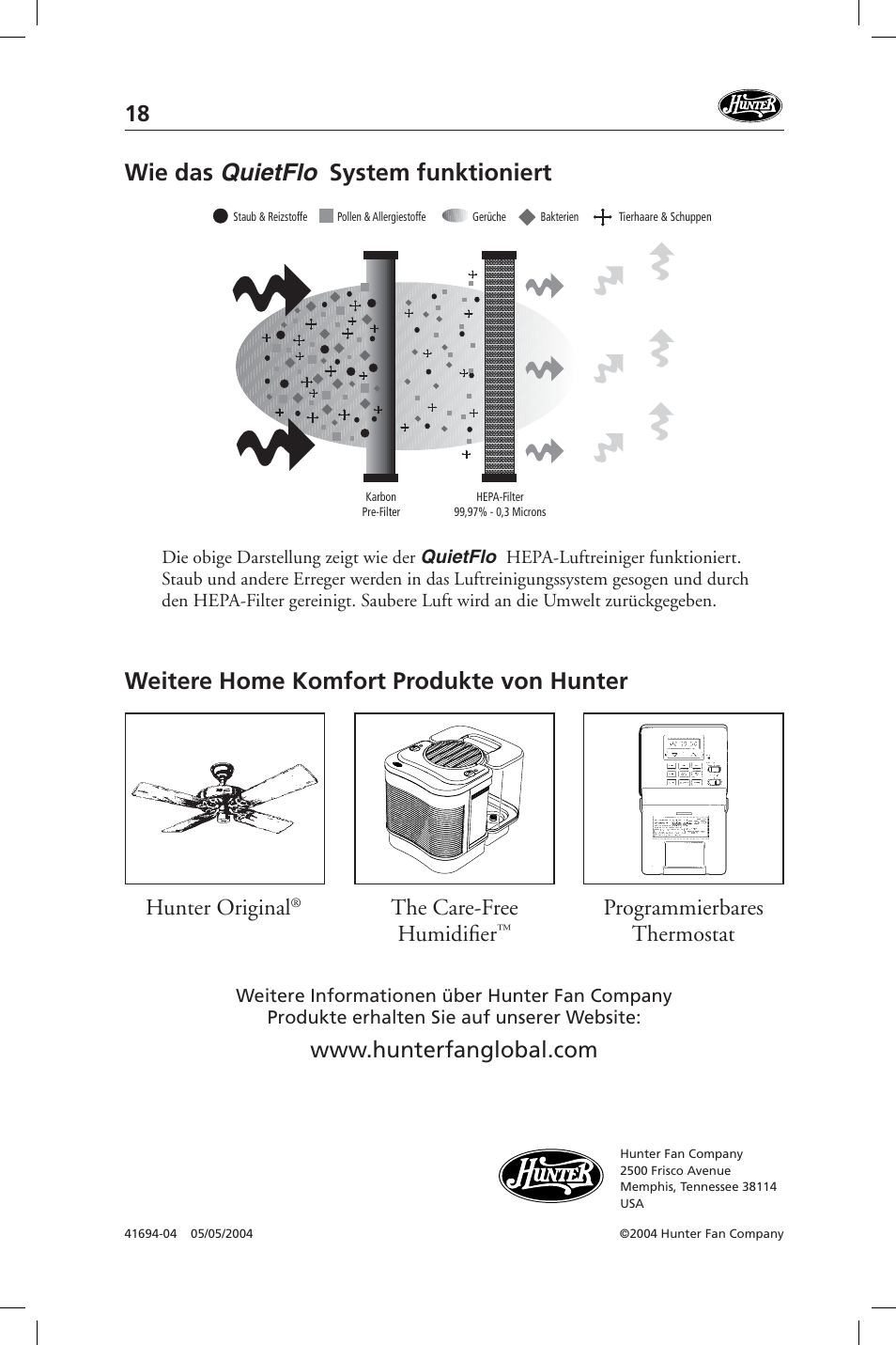 Wie das quietflo, System funktioniert, Weitere home komfort produkte von hunter | Hunter original | Hunter Fan 36127 User Manual | Page 18 / 54