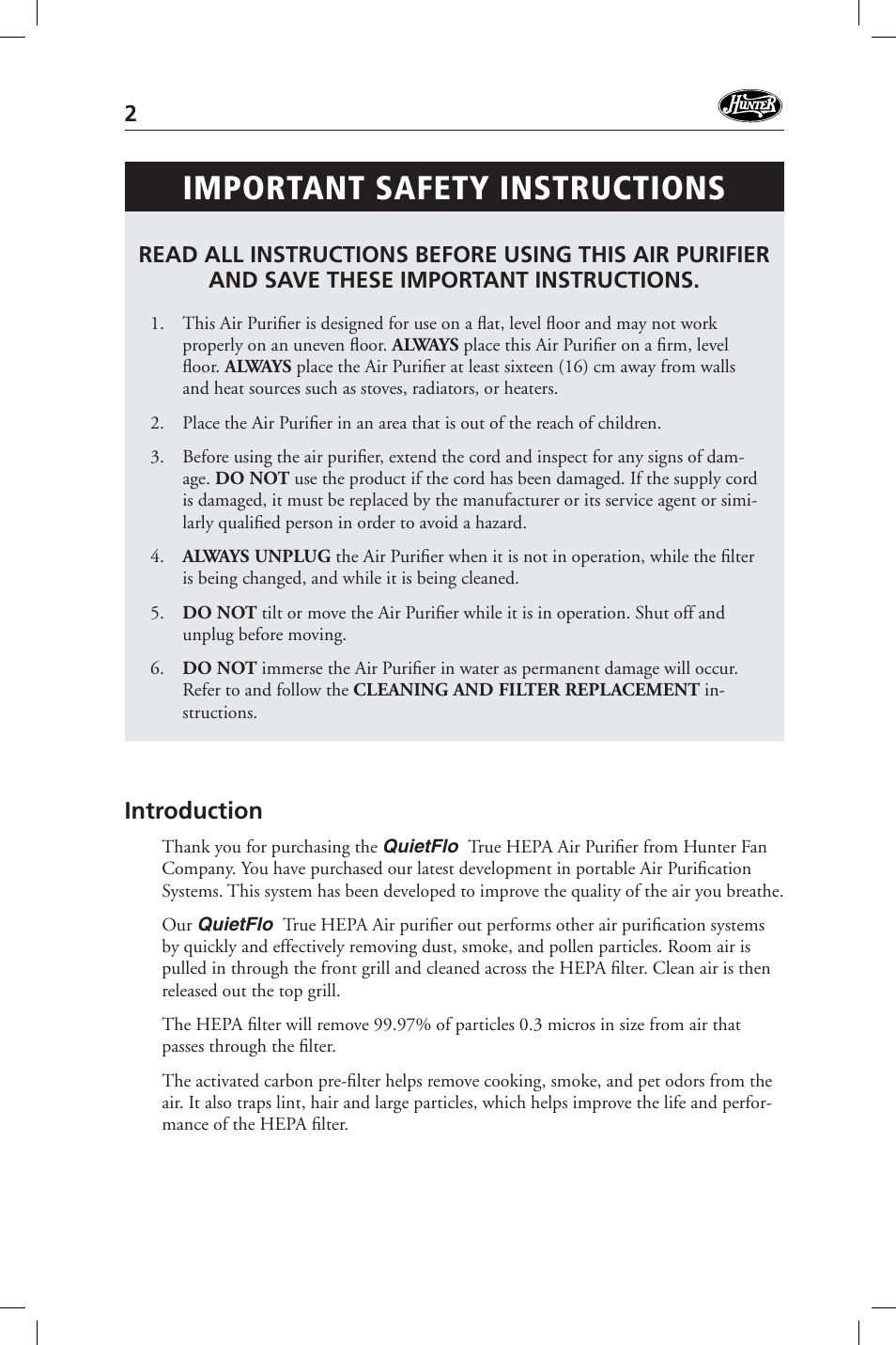 Important safety instructions, Introduction | Hunter Fan 36127 User Manual | Page 2 / 54