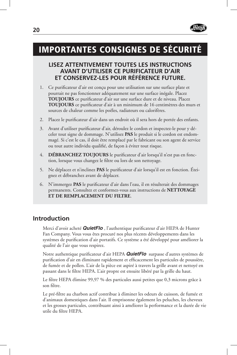 Importantes consignes de sécurité, Introduction | Hunter Fan 36127 User Manual | Page 20 / 54
