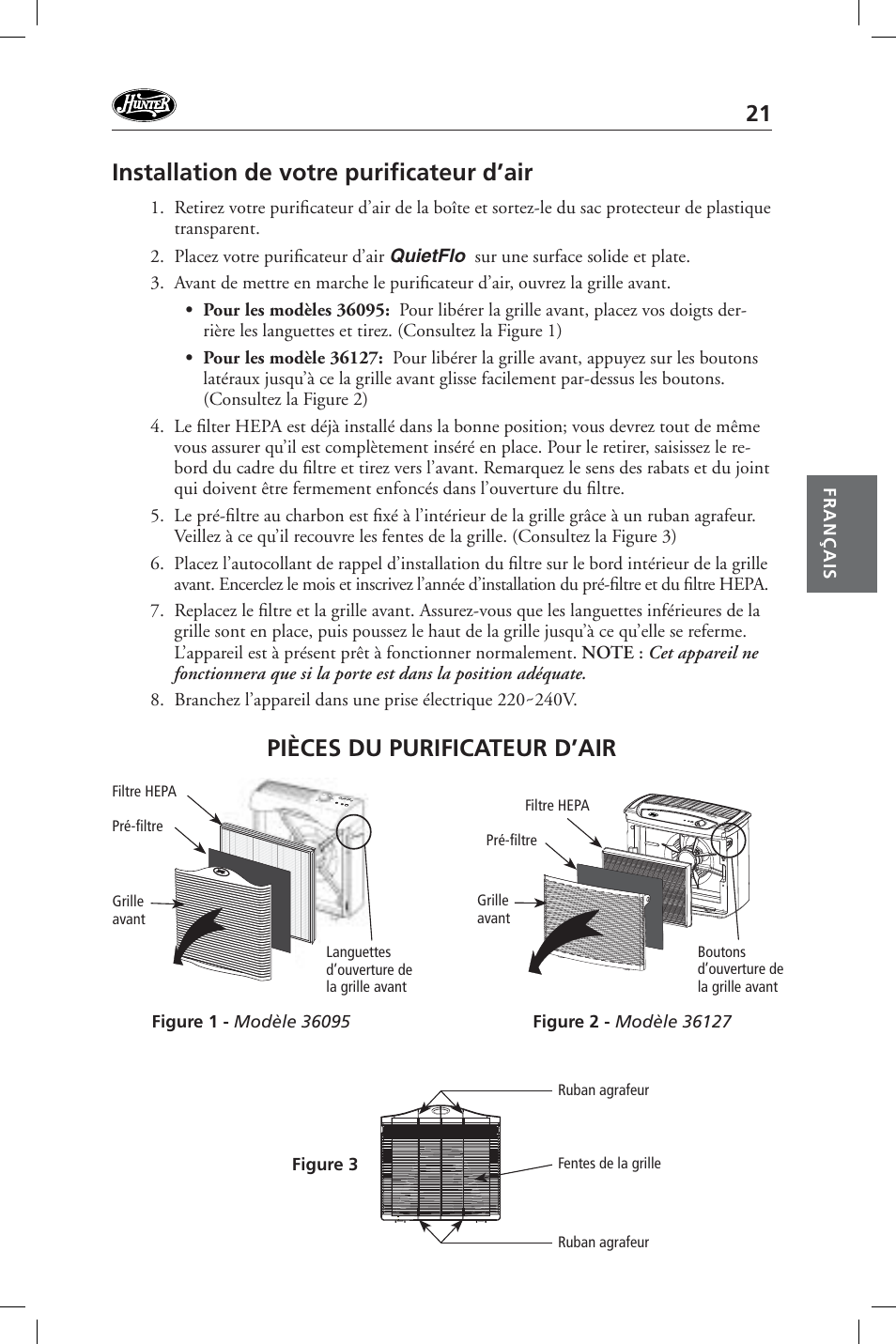 Installation de votre purifi cateur d’air, Pièces du purificateur d’air | Hunter Fan 36127 User Manual | Page 21 / 54