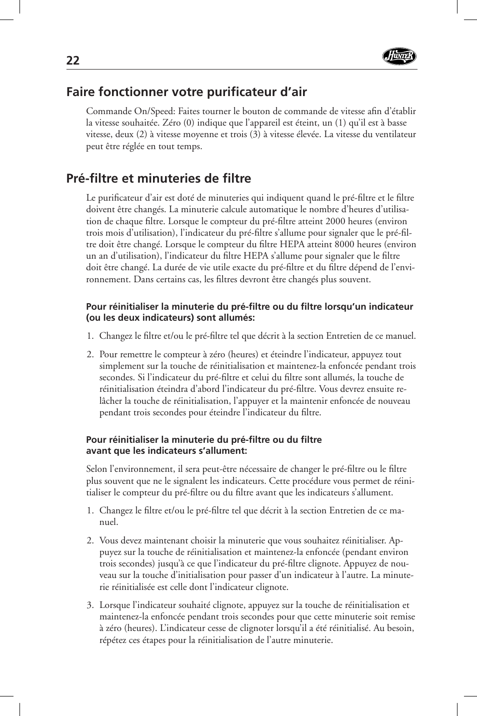 Faire fonctionner votre purifi cateur d’air, Pré-fi ltre et minuteries de fi ltre | Hunter Fan 36127 User Manual | Page 22 / 54