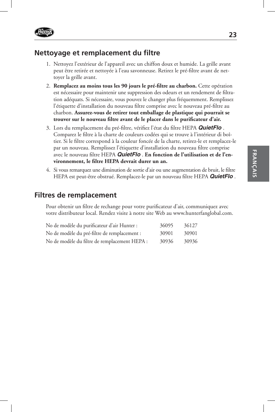 Nettoyage et remplacement du fi ltre, Filtres de remplacement | Hunter Fan 36127 User Manual | Page 23 / 54