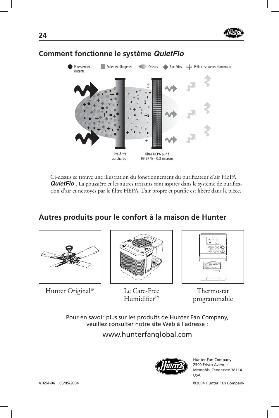 Comment fonctionne le système quietflo, Hunter original, Thermostat programmable le care-free humidifi er | Hunter Fan 36127 User Manual | Page 24 / 54