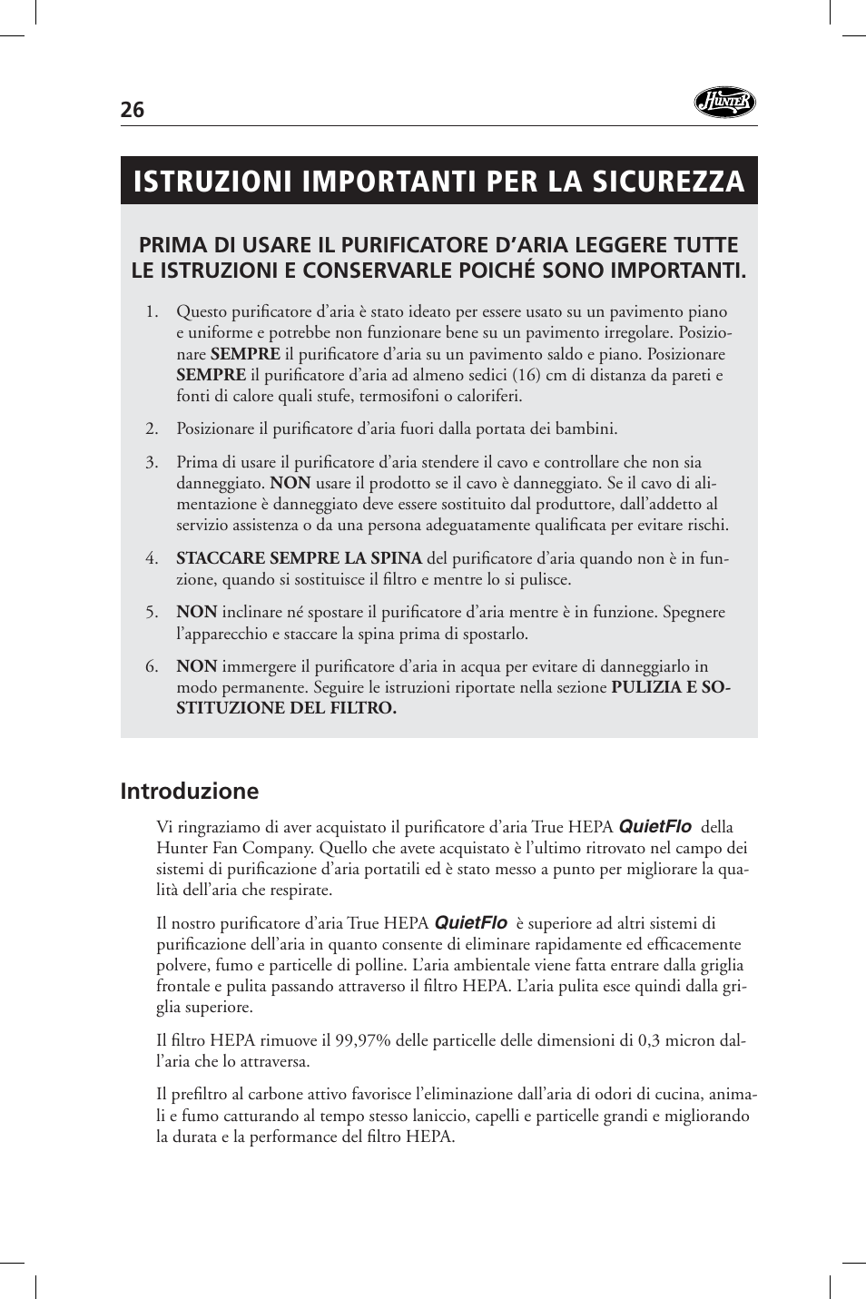 Istruzioni importanti per la sicurezza, Introduzione | Hunter Fan 36127 User Manual | Page 26 / 54