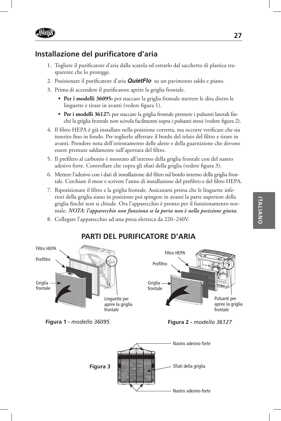 Installazione del purifi catore d’aria, Parti del purificatore d’aria | Hunter Fan 36127 User Manual | Page 27 / 54