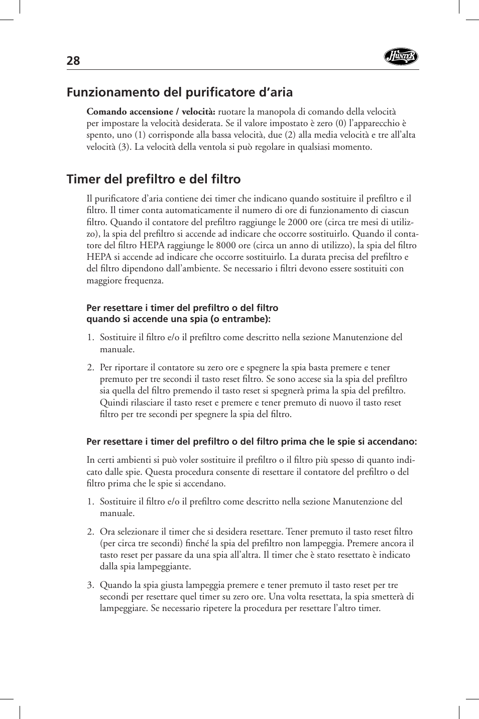 Funzionamento del purifi catore d’aria, Timer del prefi ltro e del fi ltro | Hunter Fan 36127 User Manual | Page 28 / 54