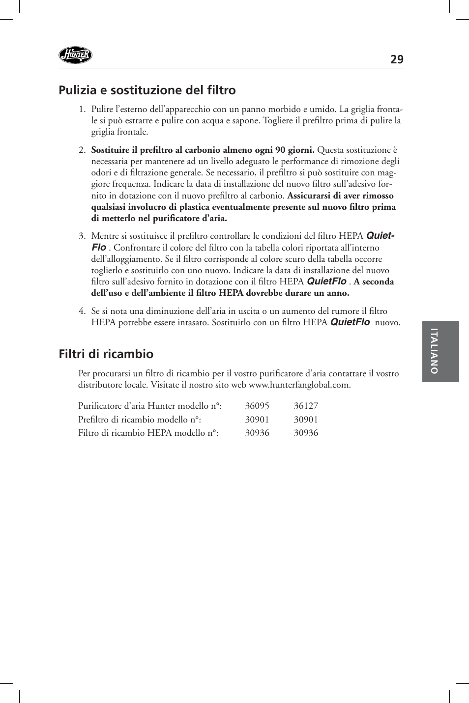 Pulizia e sostituzione del fi ltro, Filtri di ricambio | Hunter Fan 36127 User Manual | Page 29 / 54