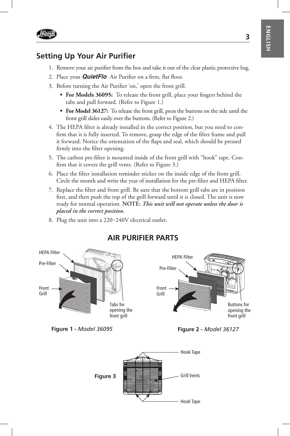 Setting up your air purifi er, Air purifier parts | Hunter Fan 36127 User Manual | Page 3 / 54