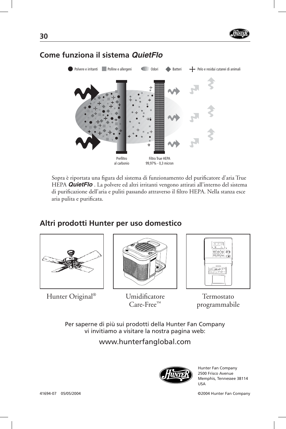Come funziona il sistema quietflo, Altri prodotti hunter per uso domestico, Hunter original | Termostato programmabile umidifi catore care-free | Hunter Fan 36127 User Manual | Page 30 / 54