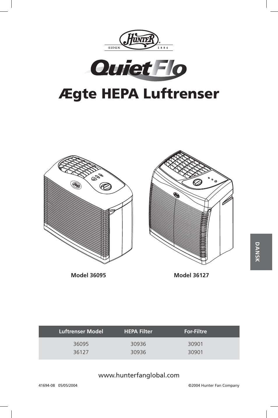 Ægte hepa luftrenser | Hunter Fan 36127 User Manual | Page 31 / 54