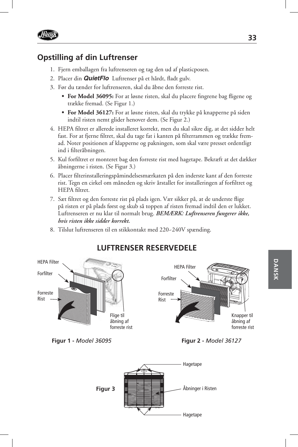 Opstilling af din luftrenser, Luftrenser reservedele | Hunter Fan 36127 User Manual | Page 33 / 54