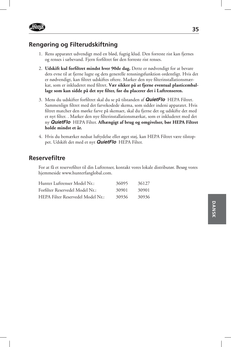 Rengøring og filterudskiftning, Reservefi ltre | Hunter Fan 36127 User Manual | Page 35 / 54