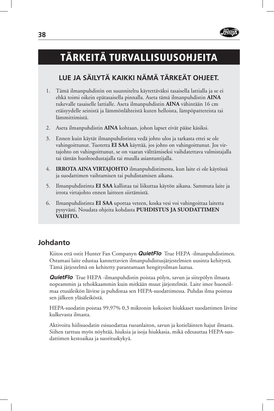 Tärkeitä turvallisuusohjeita, Johdanto, Lue ja säilytä kaikki nämä tärkeät ohjeet | Hunter Fan 36127 User Manual | Page 38 / 54