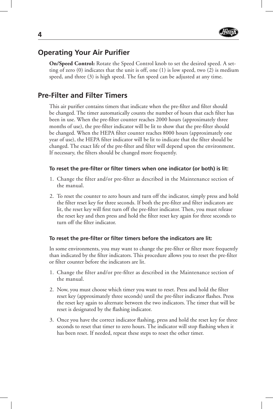 Operating your air purifi er, Pre-filter and filter timers | Hunter Fan 36127 User Manual | Page 4 / 54