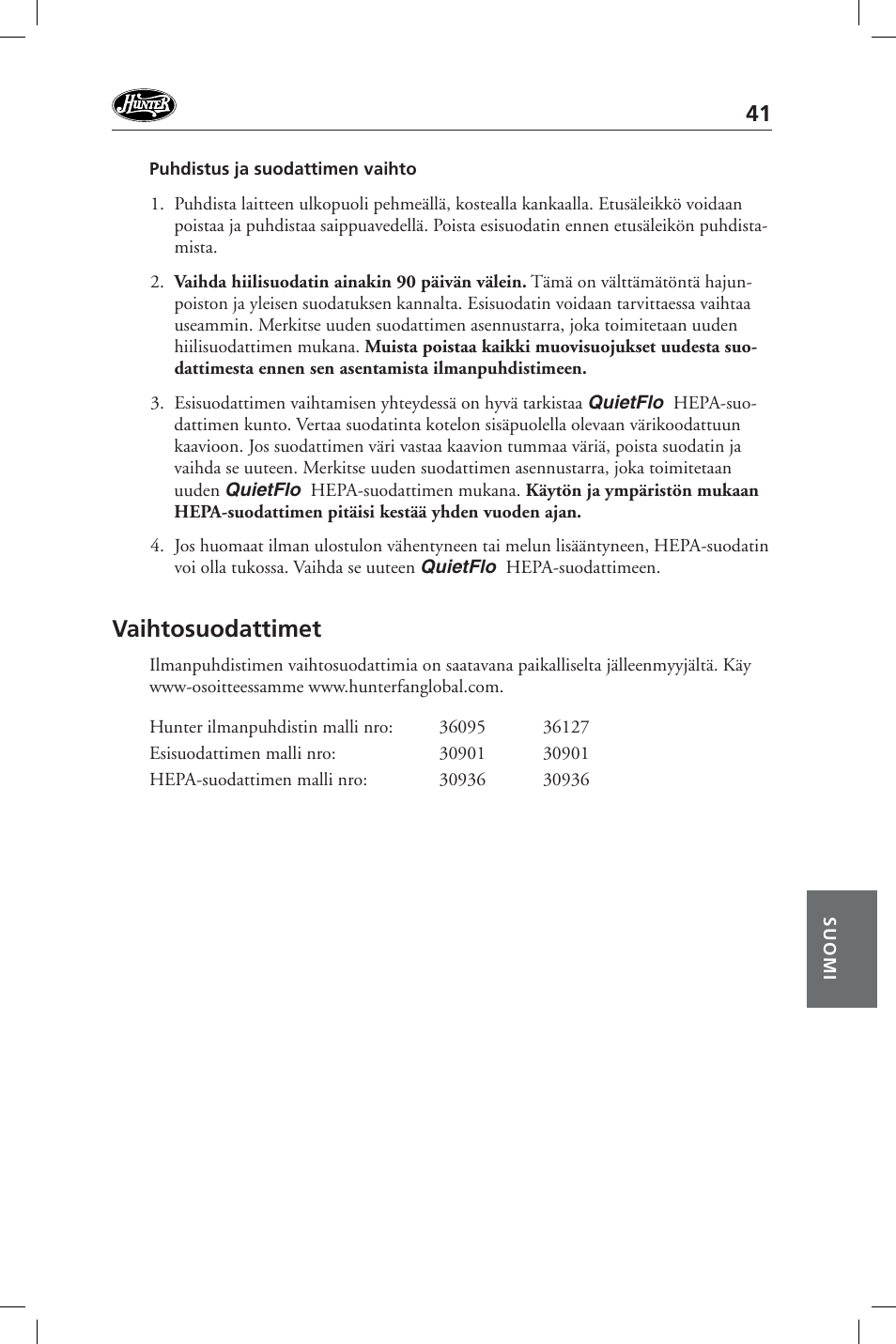 Vaihtosuodattimet | Hunter Fan 36127 User Manual | Page 41 / 54