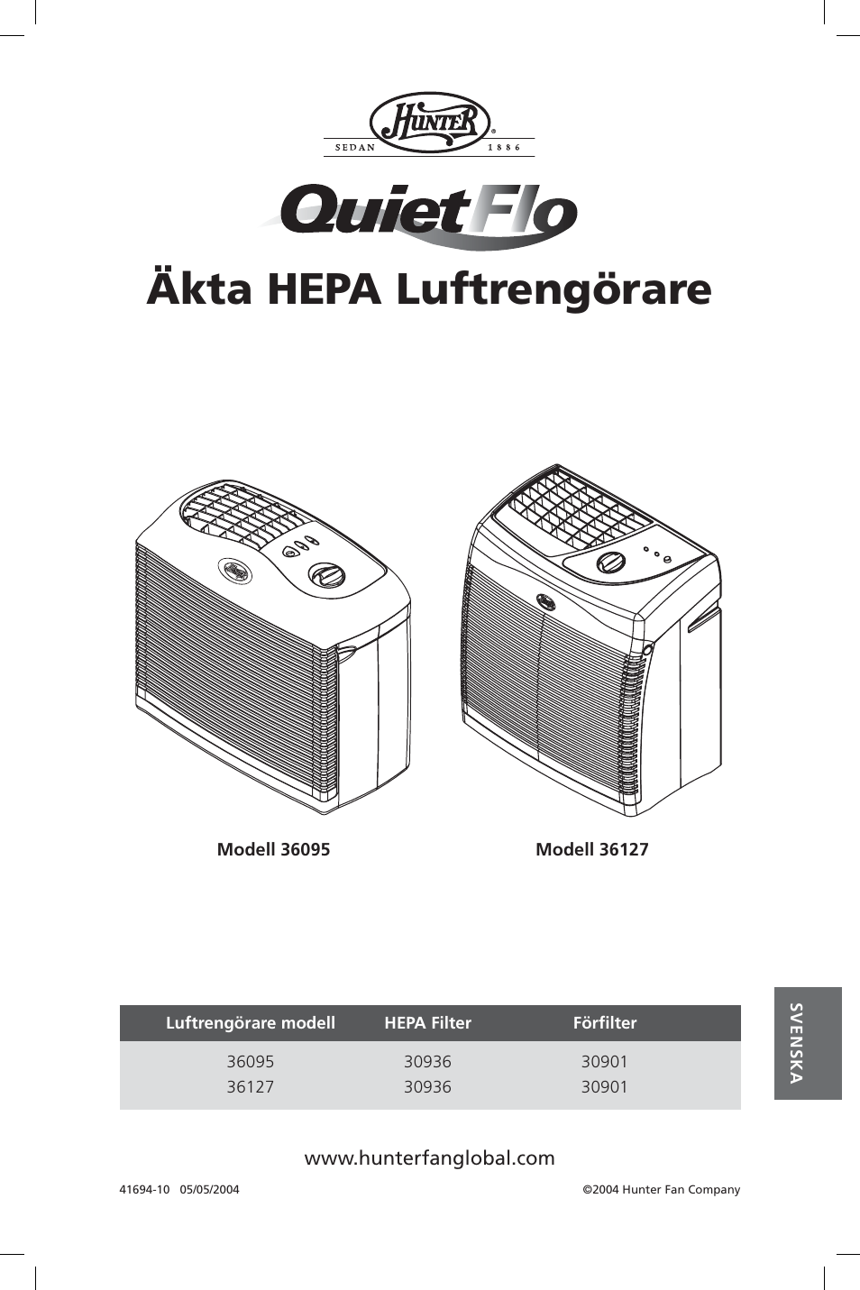 Äkta hepa luftrengörare | Hunter Fan 36127 User Manual | Page 43 / 54