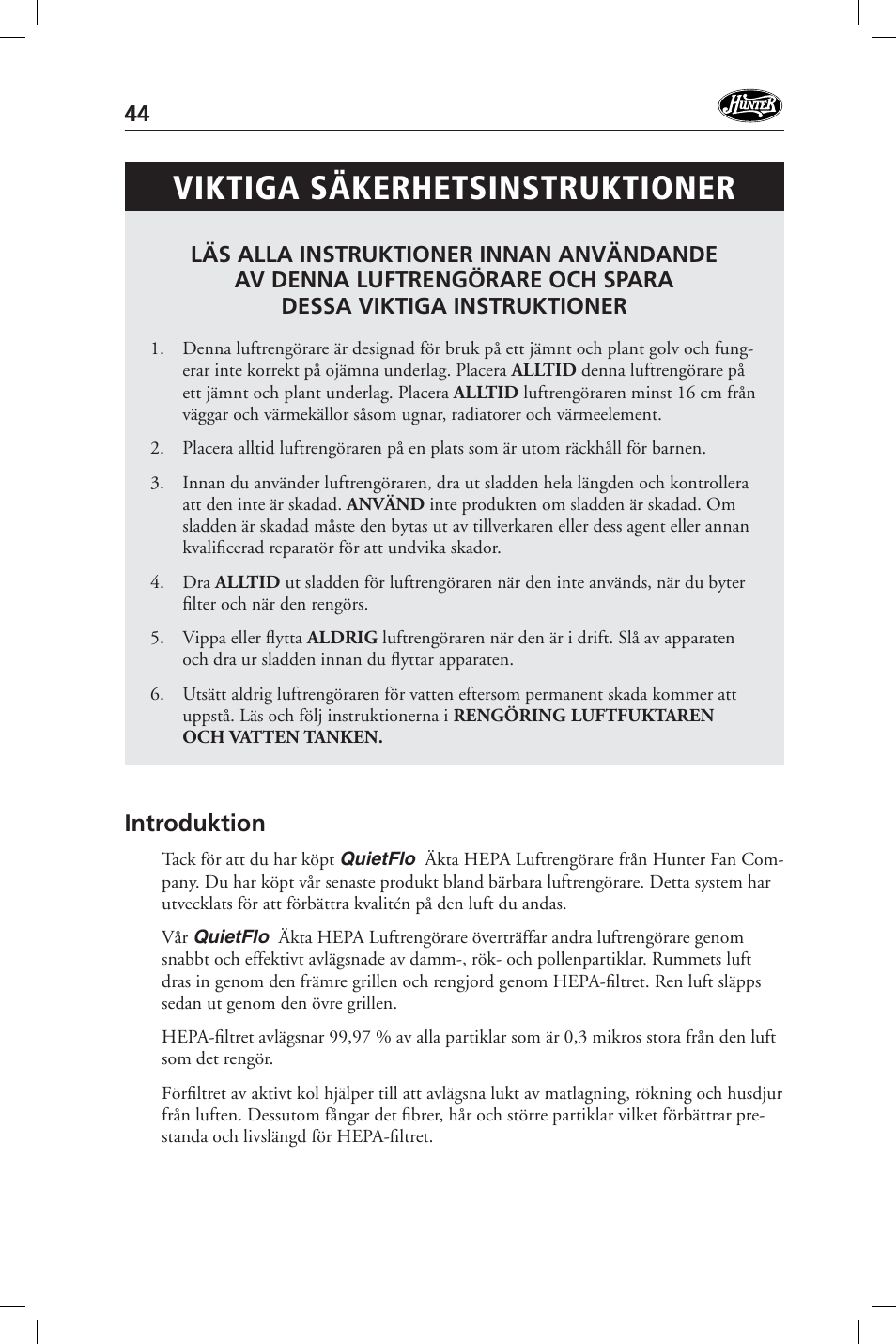 Viktiga säkerhetsinstruktioner, Introduktion | Hunter Fan 36127 User Manual | Page 44 / 54