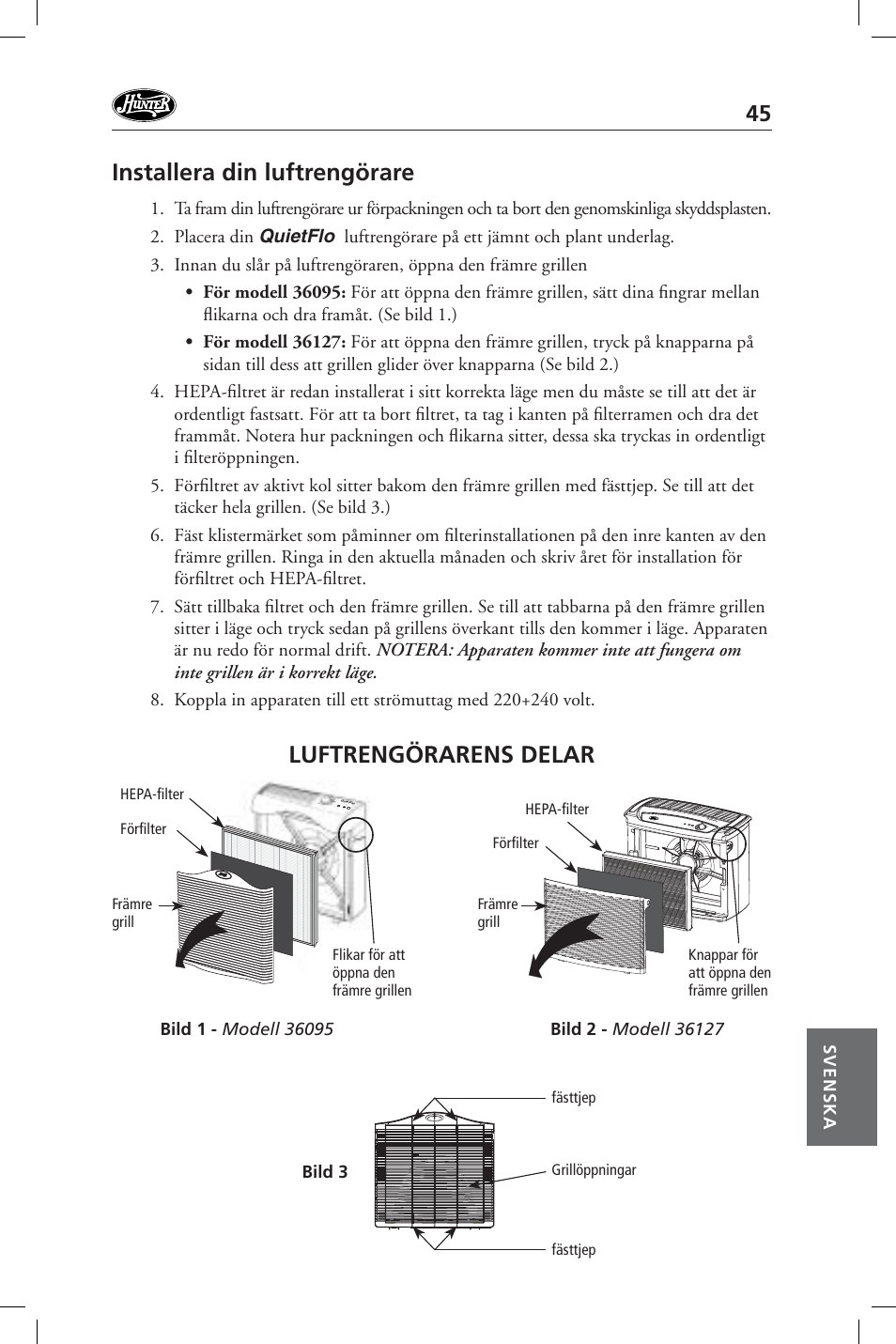 Installera din luftrengörare, Luftrengörarens delar | Hunter Fan 36127 User Manual | Page 45 / 54