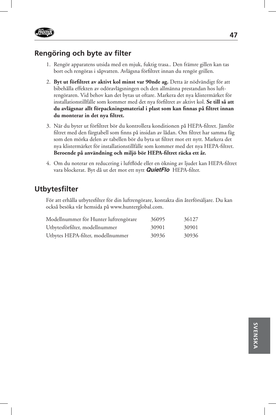Rengöring och byte av fi lter, Utbytesfi lter | Hunter Fan 36127 User Manual | Page 47 / 54