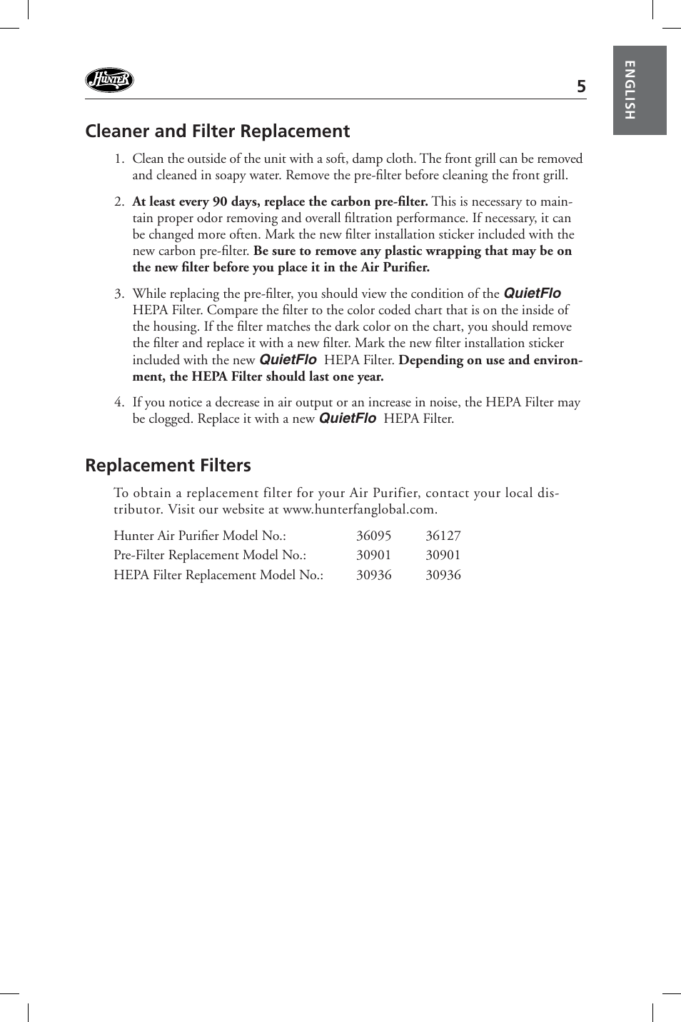 Cleaner and filter replacement, Replacement filters | Hunter Fan 36127 User Manual | Page 5 / 54