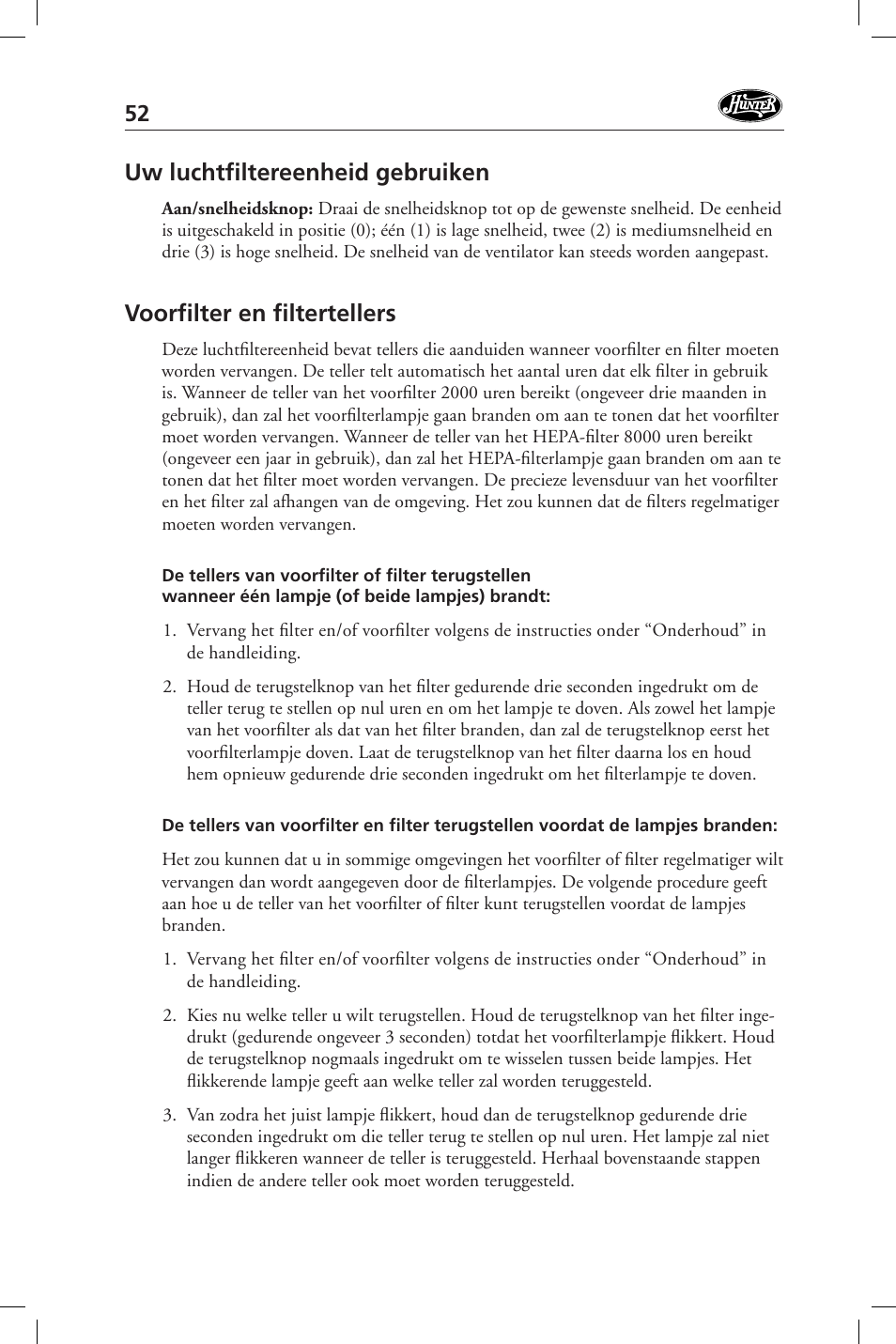 Uw luchtfi ltereenheid gebruiken, Voorfi lter en fi ltertellers | Hunter Fan 36127 User Manual | Page 52 / 54