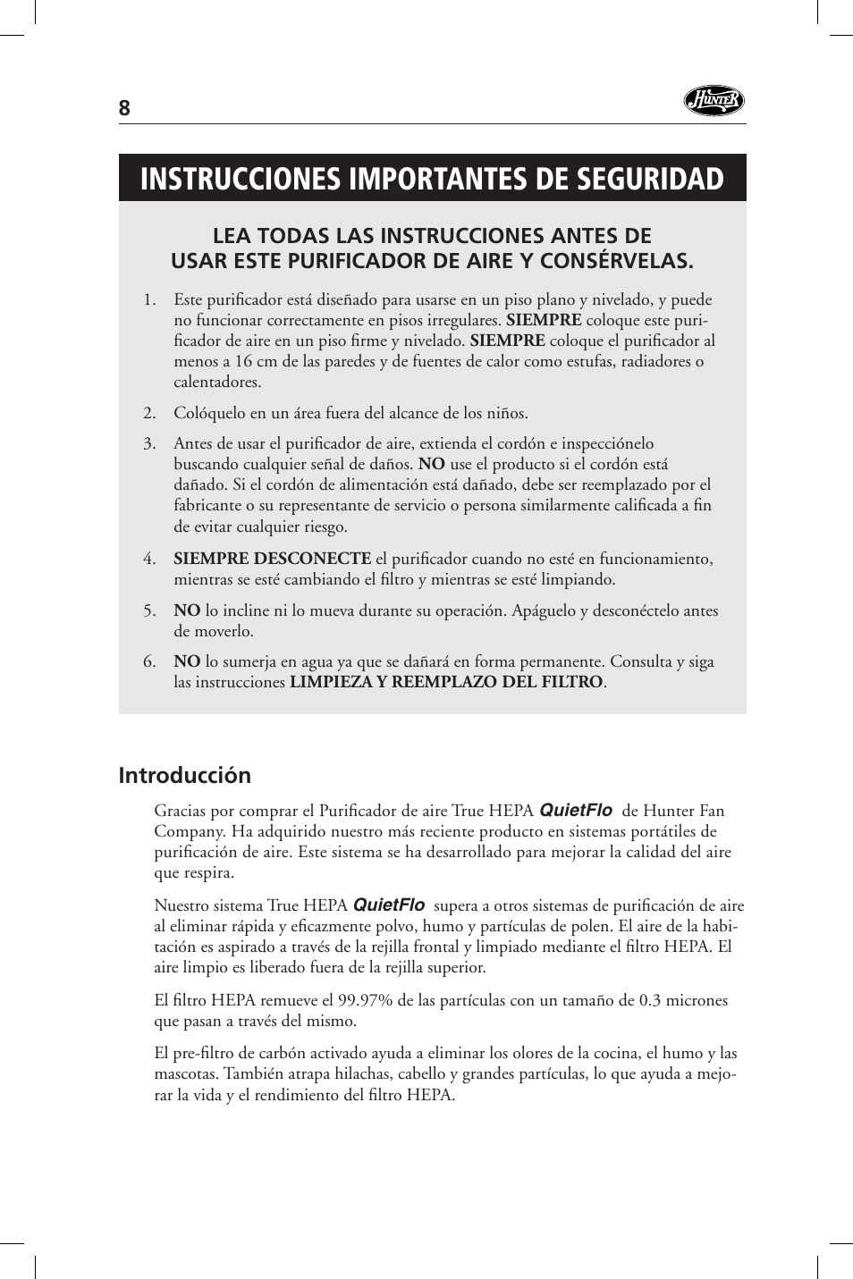 Instrucciones importantes de seguridad, Introducción | Hunter Fan 36127 User Manual | Page 8 / 54