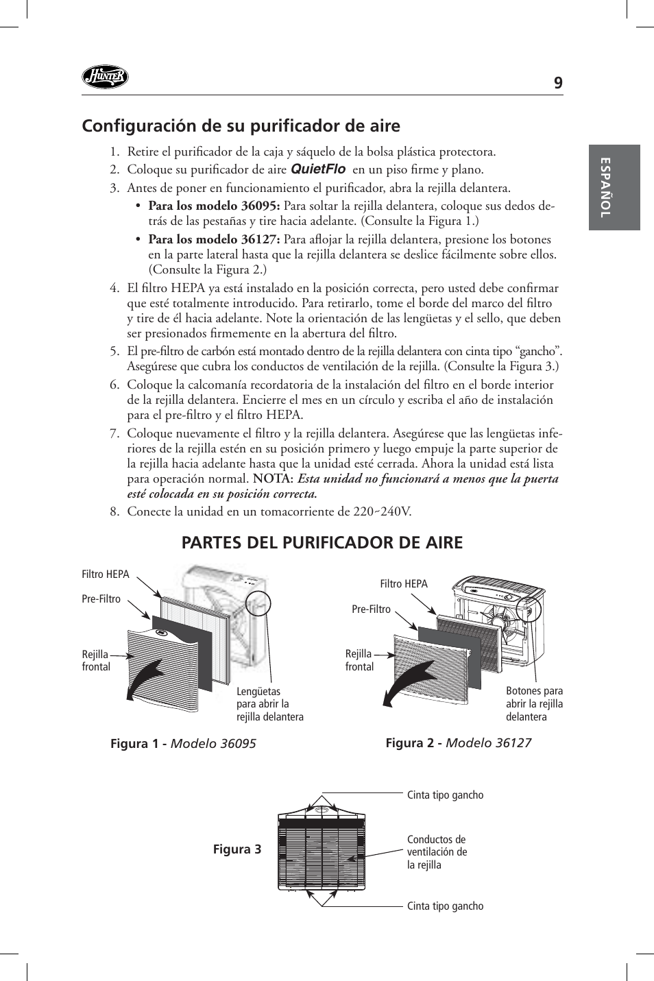 Confi guración de su purifi cador de aire, Partes del purificador de aire | Hunter Fan 36127 User Manual | Page 9 / 54