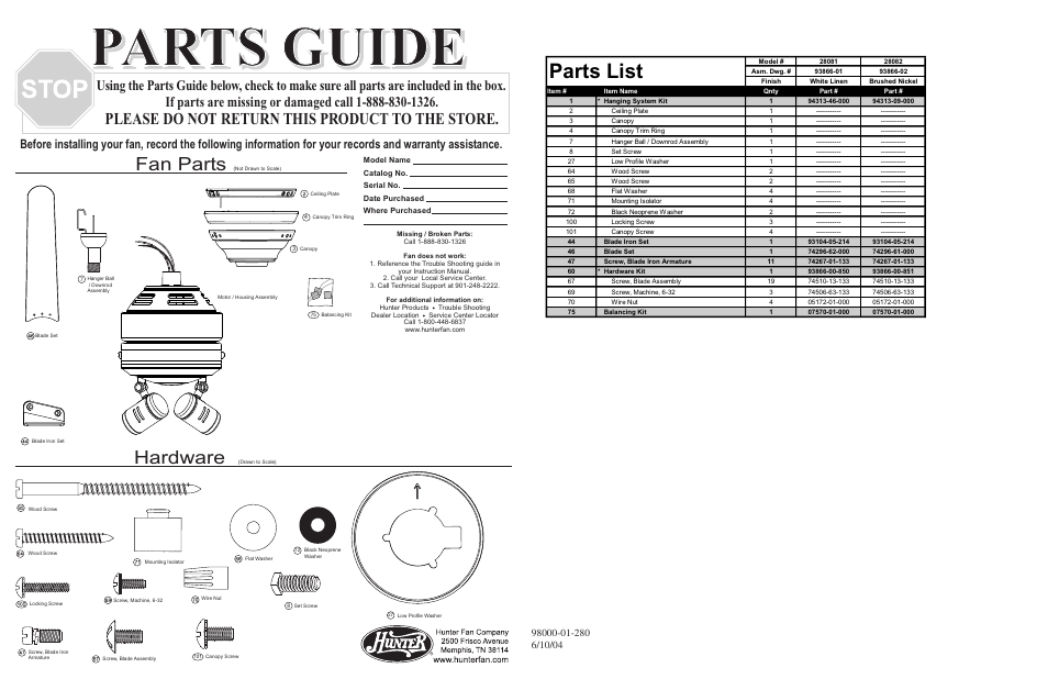 Hunter Fan 28082 User Manual | 4 pages