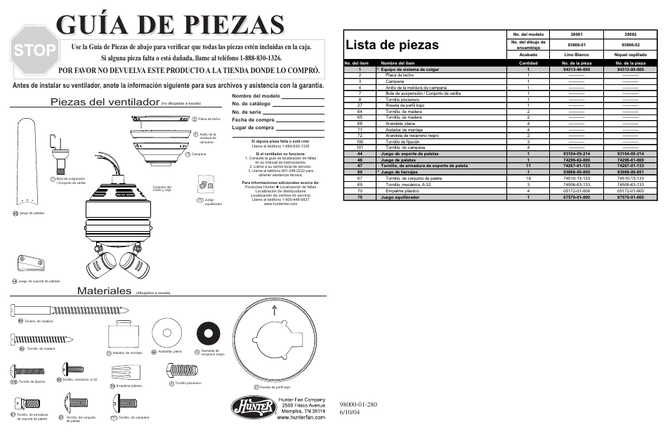 Guía de piezas, Lista de piezas, Materiales | Piezas del ventilador | Hunter Fan 28082 User Manual | Page 4 / 4