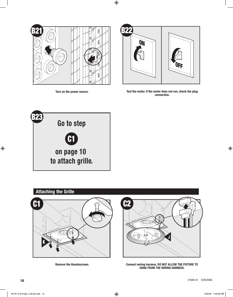 C1 c2, Go to step on page 10 to attach grille, On off | Hunter Fan 82005 User Manual | Page 10 / 28