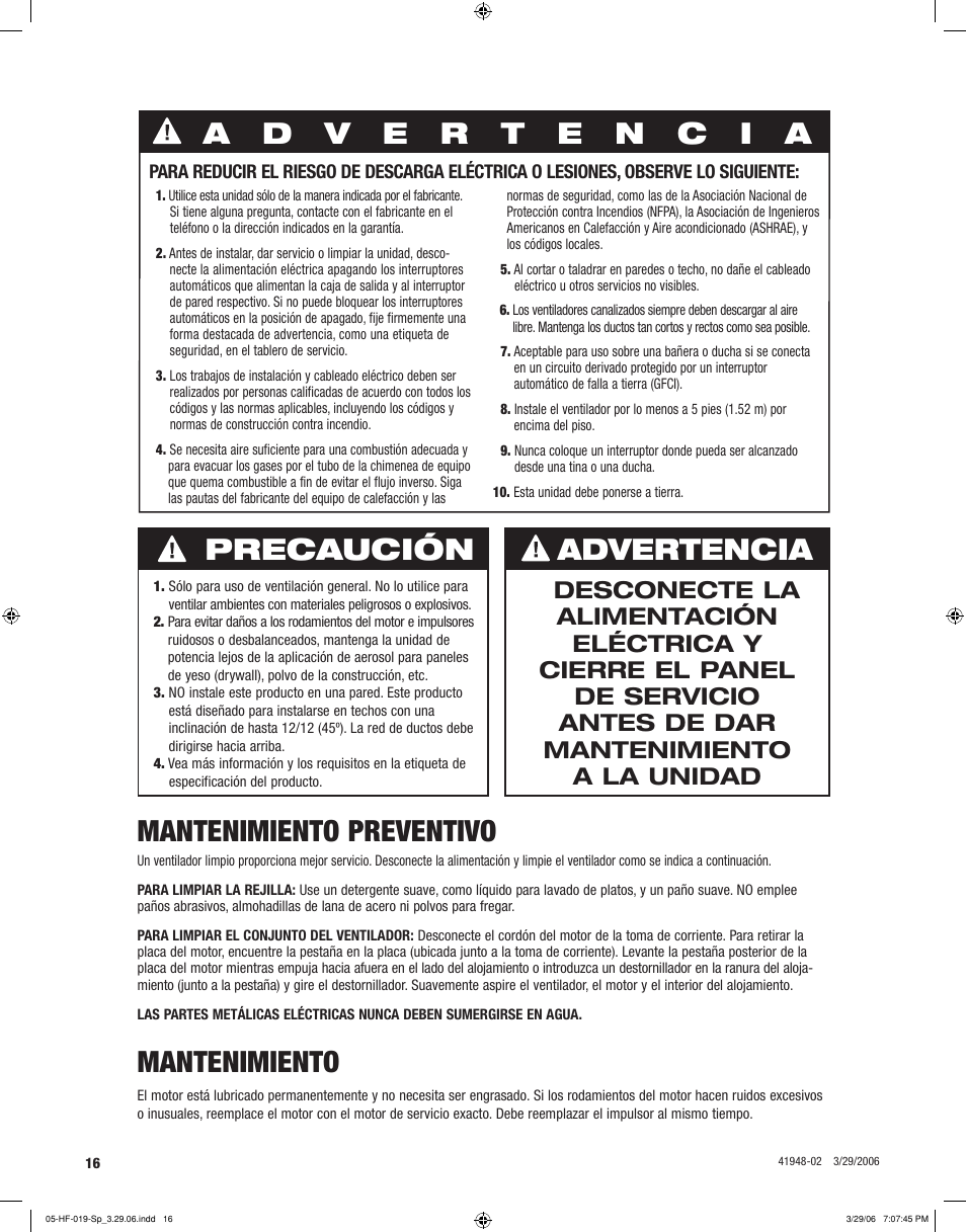 Mantenimiento preventivo, Mantenimiento, Precaución advertencia | Hunter Fan 82005 User Manual | Page 16 / 28