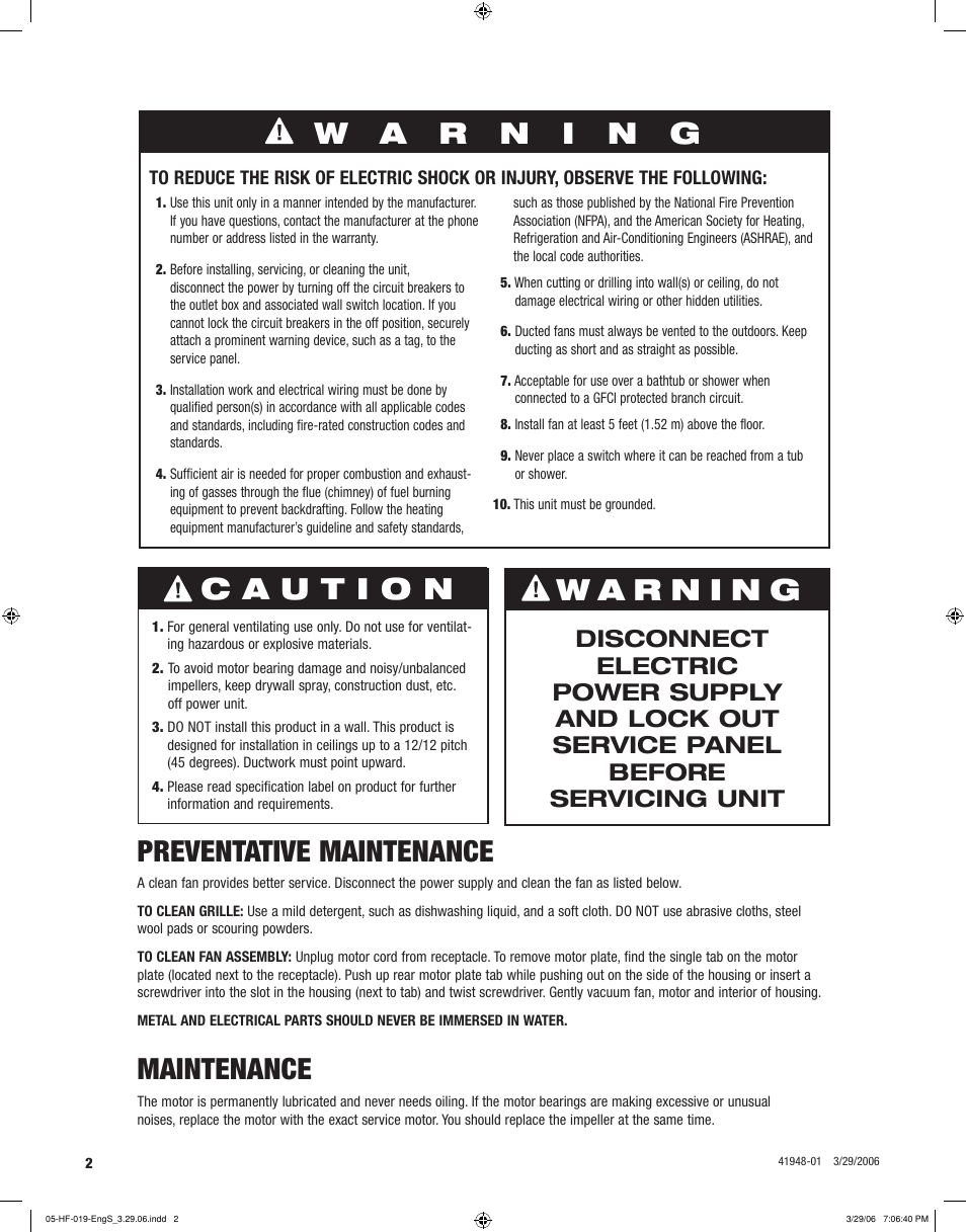 Preventative maintenance, Maintenance | Hunter Fan 82005 User Manual | Page 2 / 28