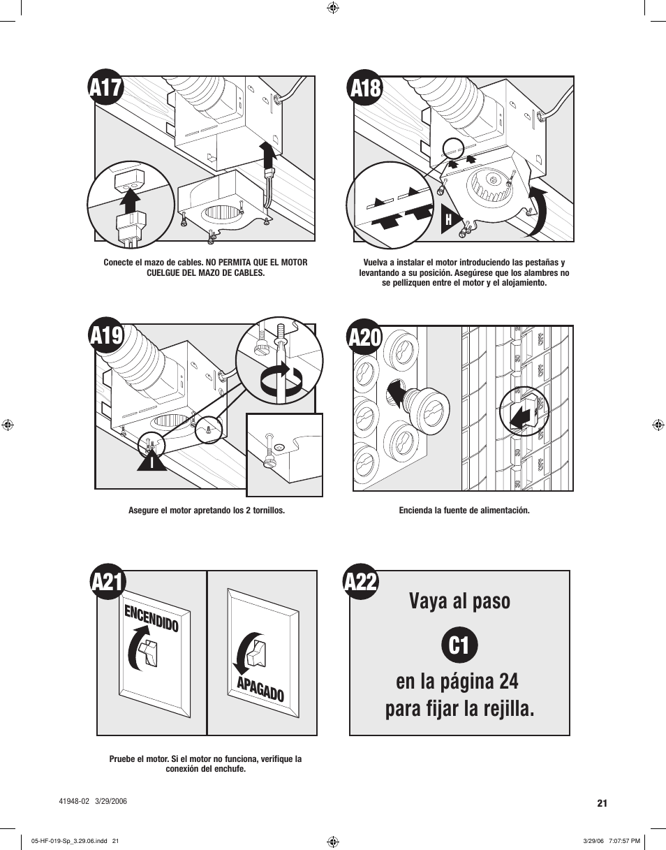 A22 c1, Vaya al paso en la página 24 para fijar la rejilla | Hunter Fan 82005 User Manual | Page 21 / 28