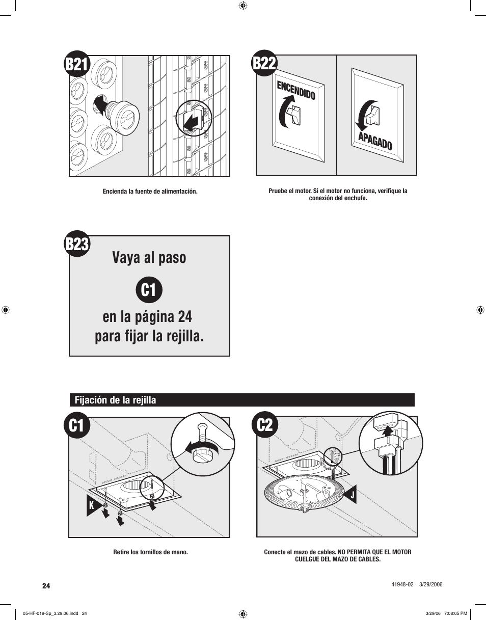 C1 c2, Vaya al paso en la página 24 para fijar la rejilla | Hunter Fan 82005 User Manual | Page 24 / 28