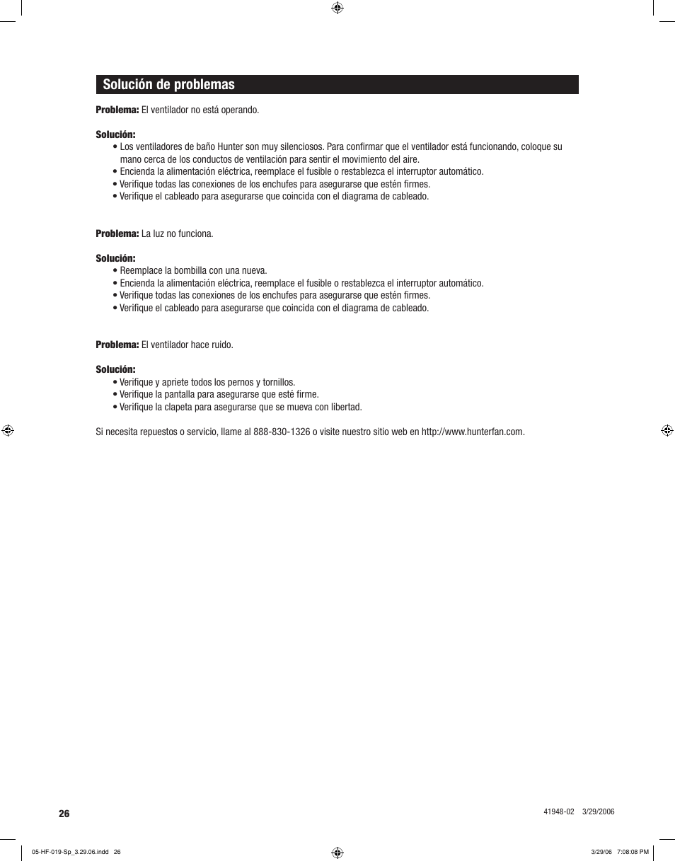 Solución de problemas | Hunter Fan 82005 User Manual | Page 26 / 28