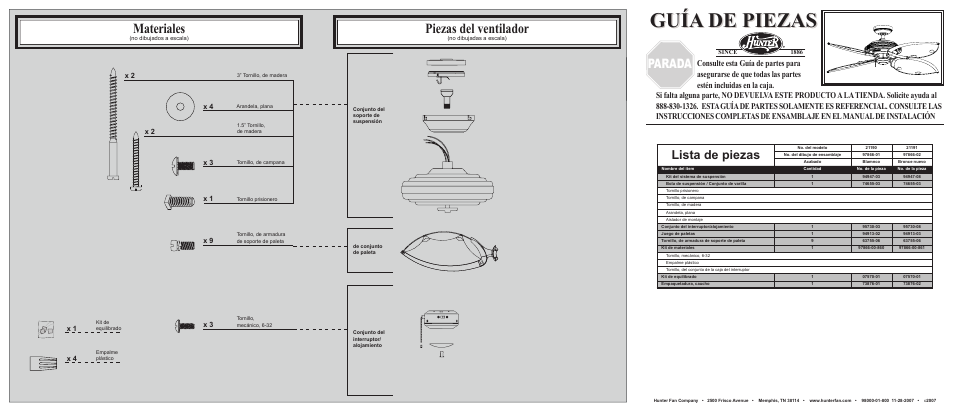 Guía de piezas, Materiales, Piezas del ventilador | Parada, Lista de piezas | Hunter Fan 21191 User Manual | Page 2 / 2