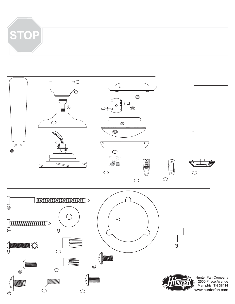 Guía de piezas, Herrajes, Piezas del ventilador | Hunter Fan 21620 User Manual | Page 3 / 4