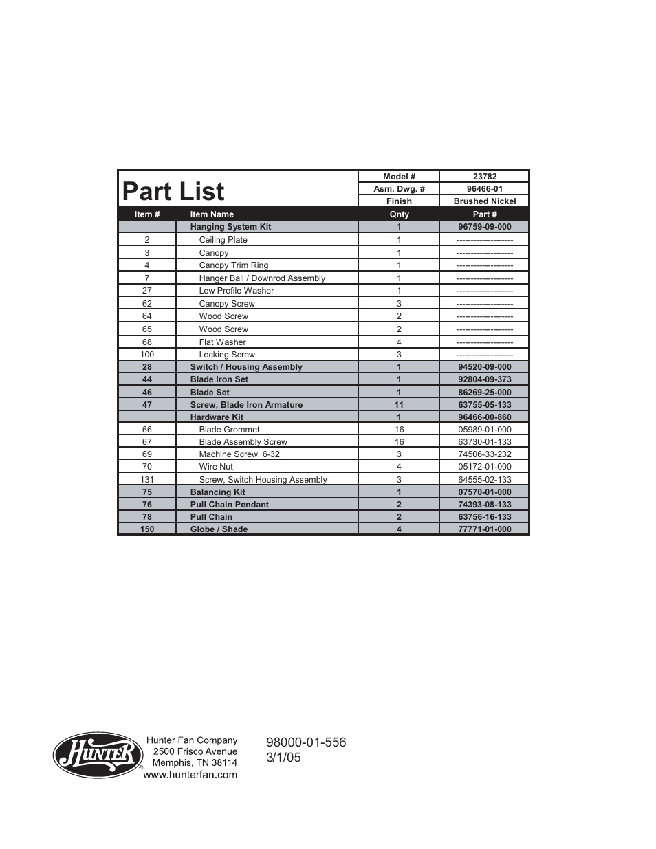 Part list | Hunter Fan 23782 User Manual | Page 2 / 4