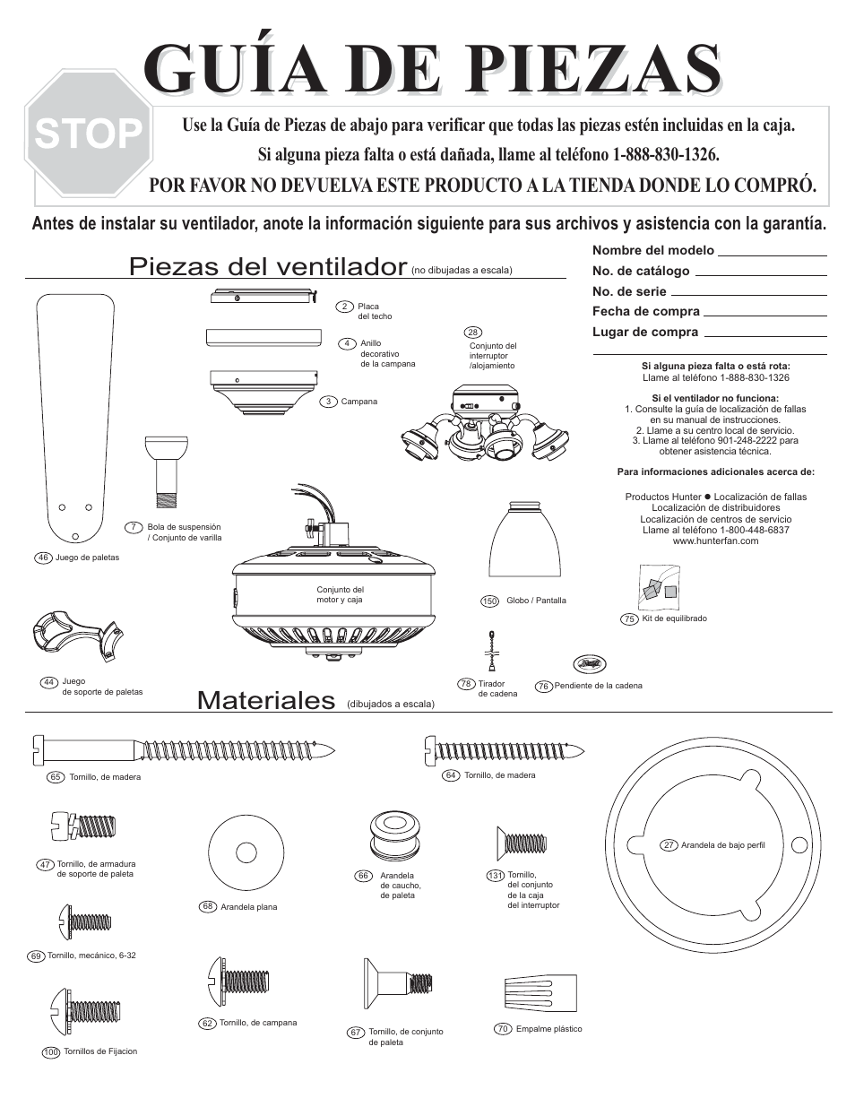 Guía de piezas, Materiales, Piezas del ventilador | Hunter Fan 23782 User Manual | Page 3 / 4