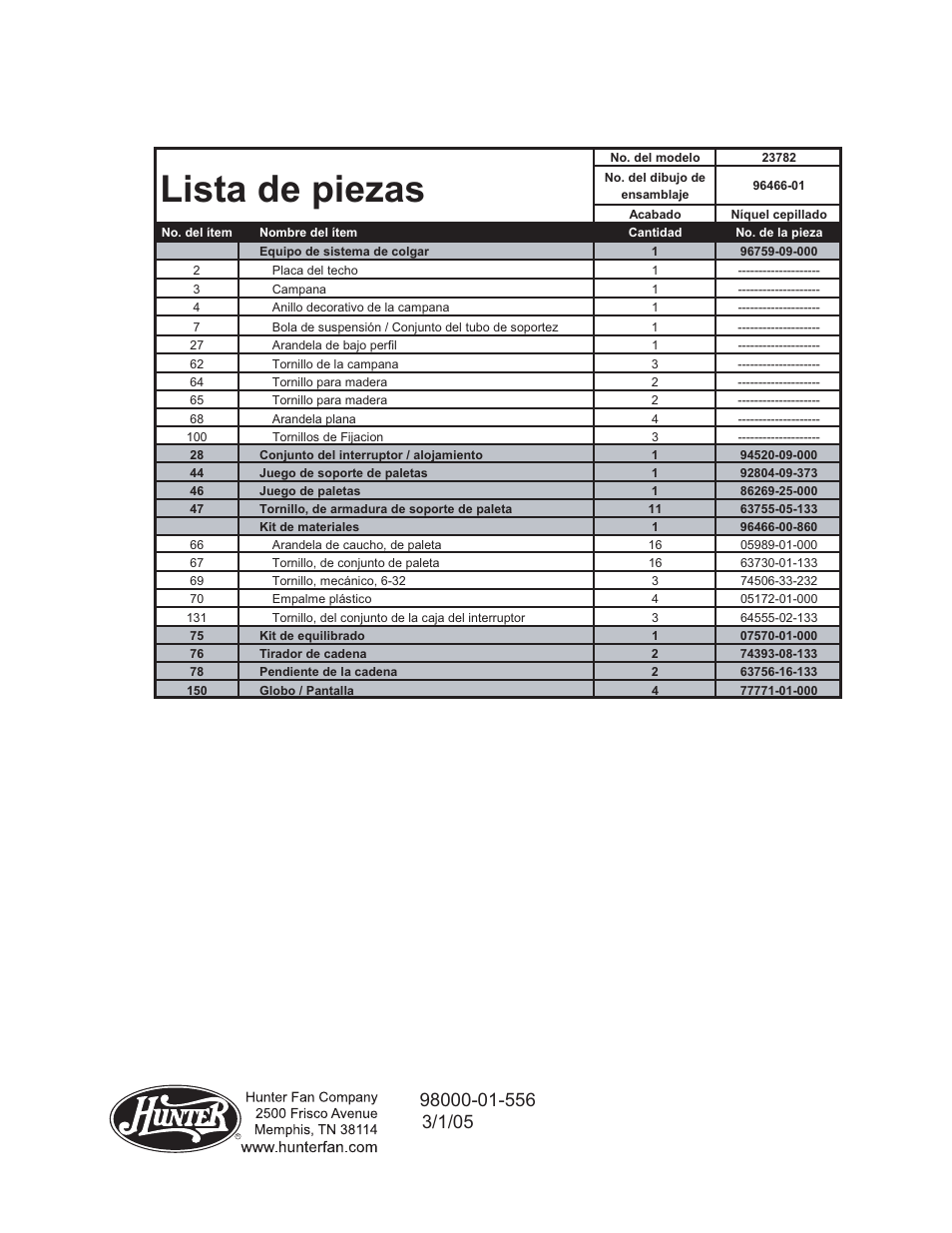 Lista de piezas | Hunter Fan 23782 User Manual | Page 4 / 4