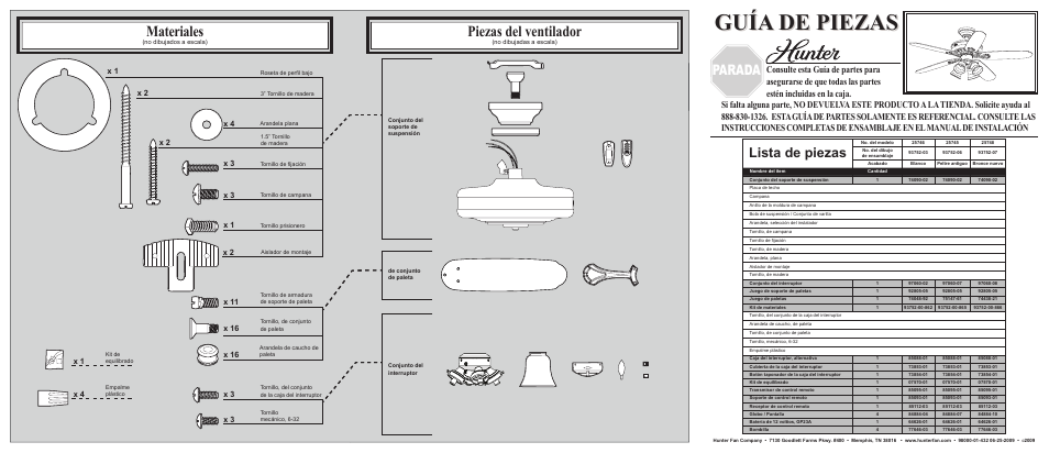 Guía de piezas, Materiales, Piezas del ventilador | Parada, Lista de piezas | Hunter Fan 25748 User Manual | Page 2 / 2