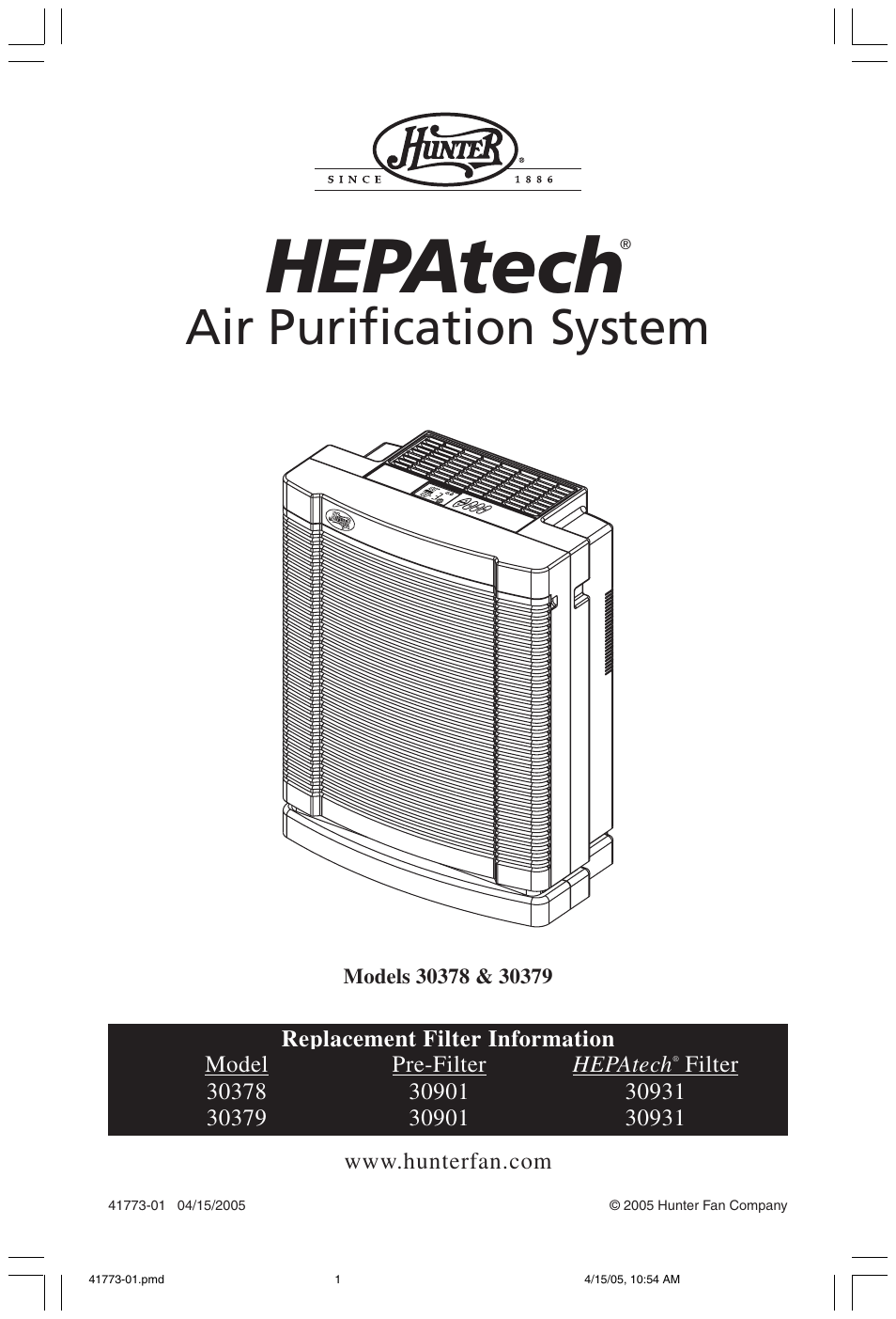 Hunter Fan 30378 User Manual | 15 pages