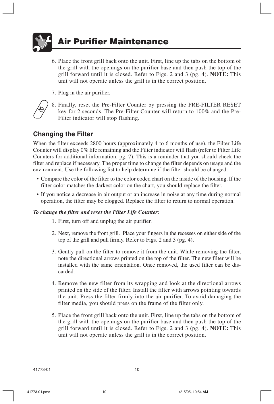 Air purifier maintenance, Changing the filter | Hunter Fan 30378 User Manual | Page 10 / 15