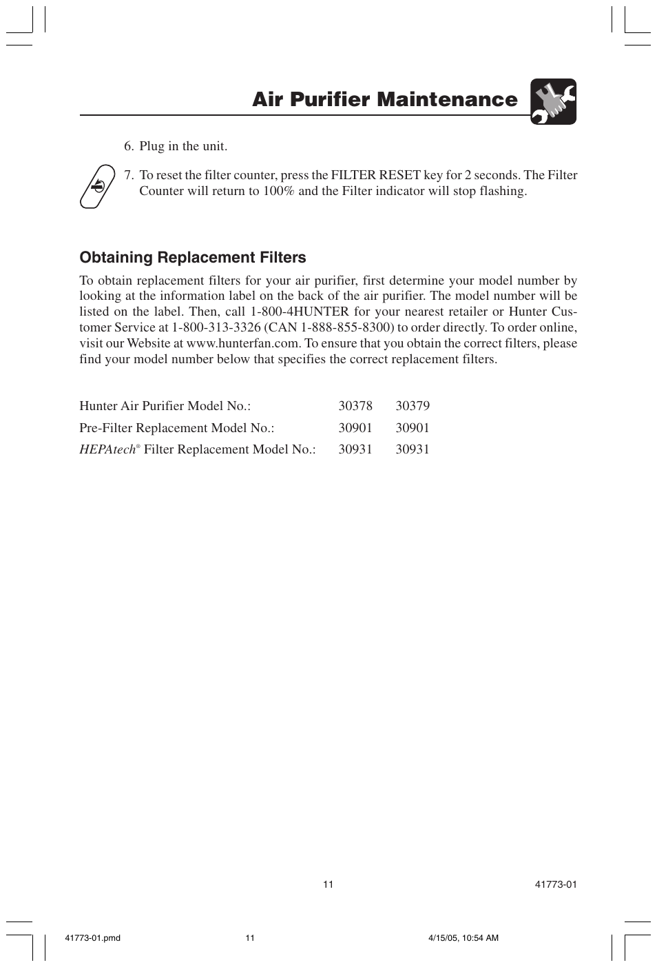 Air purifier maintenance, Obtaining replacement filters | Hunter Fan 30378 User Manual | Page 11 / 15