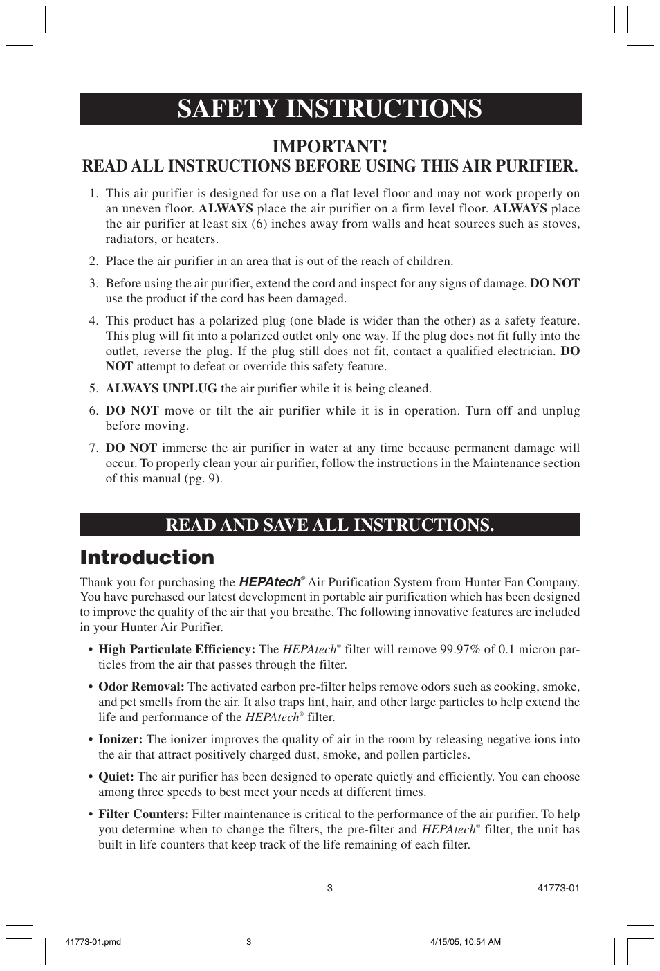 Safety instructions, Introduction, Read and save all instructions | Hunter Fan 30378 User Manual | Page 3 / 15