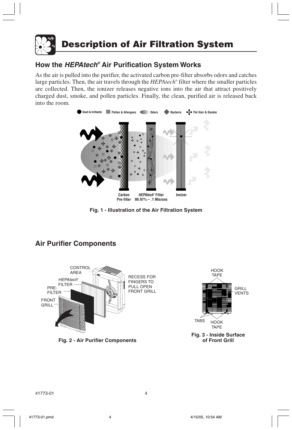 Description of air filtration system, Hepatech, Air purifier components | How the, Air purification system works | Hunter Fan 30378 User Manual | Page 4 / 15