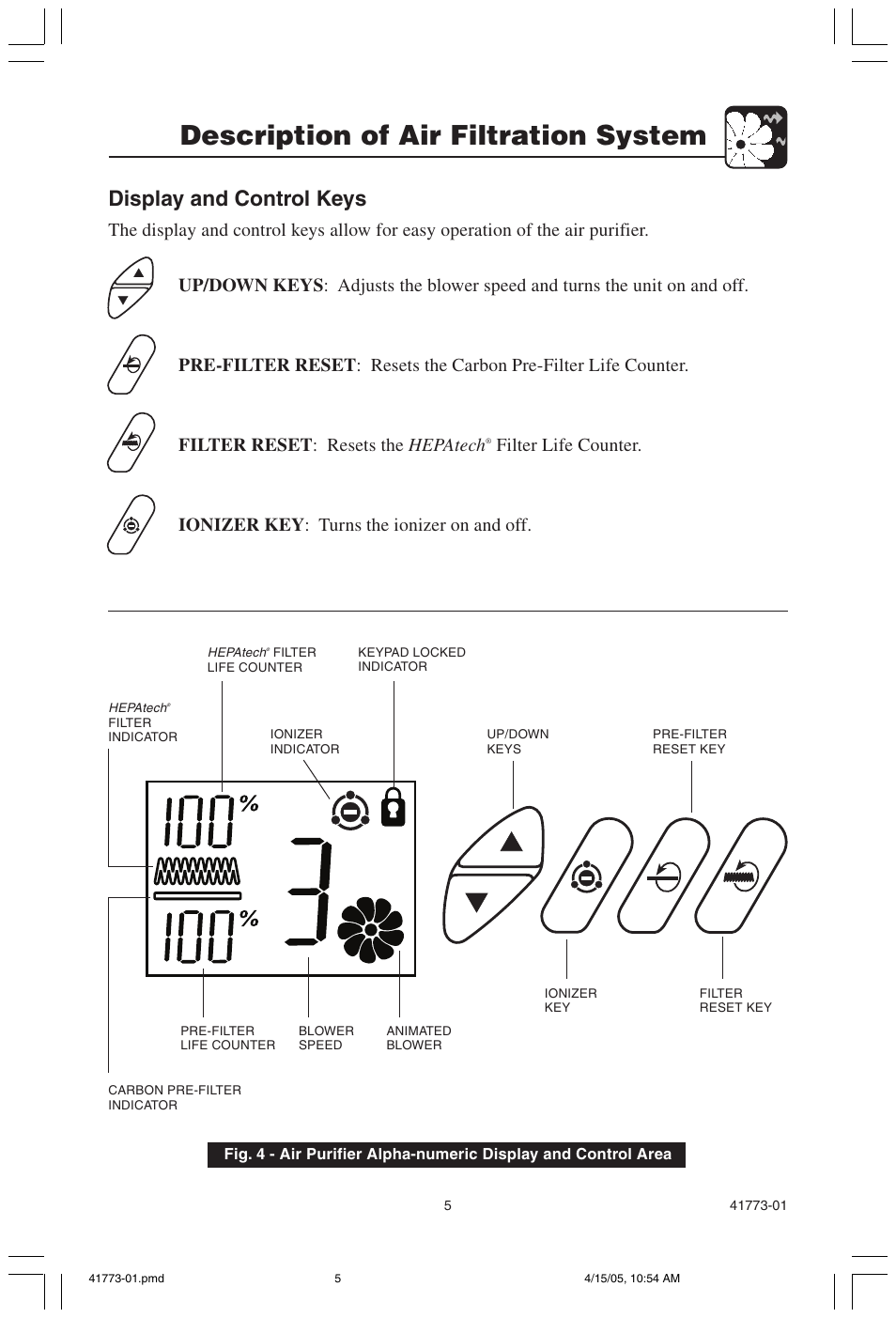 Description of air filtration system, Display and control keys | Hunter Fan 30378 User Manual | Page 5 / 15